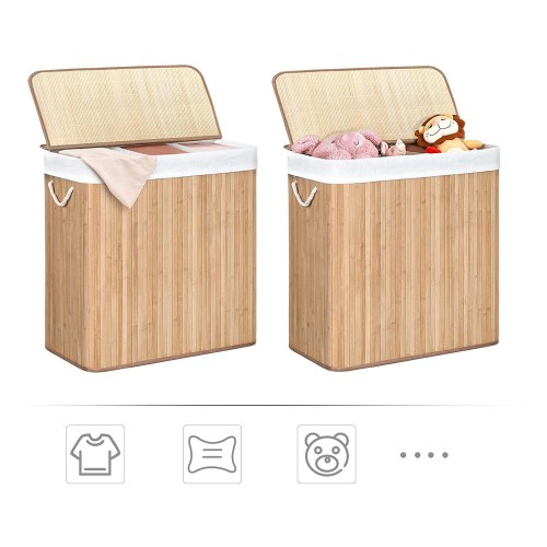 Vasketøjskurv med låg 3 rum, 150 l, sammenklappelig, natur