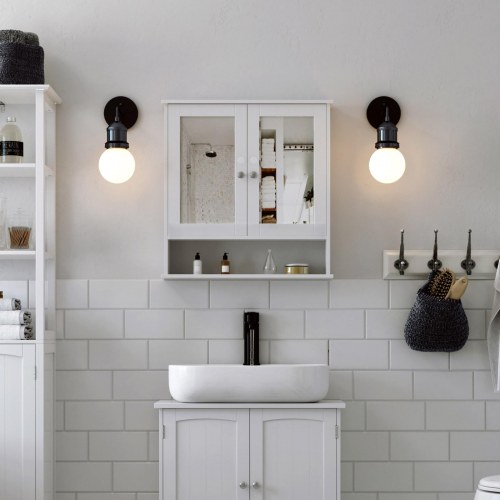 Spejlskab til bad – VASAGLE, dobbeltlåger, væghængt, hvid, 56 × 13 × 58 cm