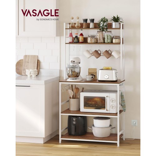 Køkkenreol med stikdåse mikrobølgeovnshylde med gitter, 14 kroge, 40 × 80 × 170 cm, vintage brun/hvid