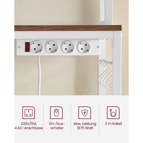 Køkkenreol med stikdåse mikrobølgeovnshylde med gitter, 14 kroge, 40 × 80 × 170 cm, vintage brun/hvid