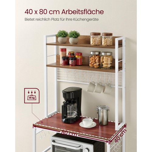 Køkkenreol med stikdåse mikrobølgeovnshylde med gitter, 14 kroge, 40 × 80 × 170 cm, vintage brun/hvid