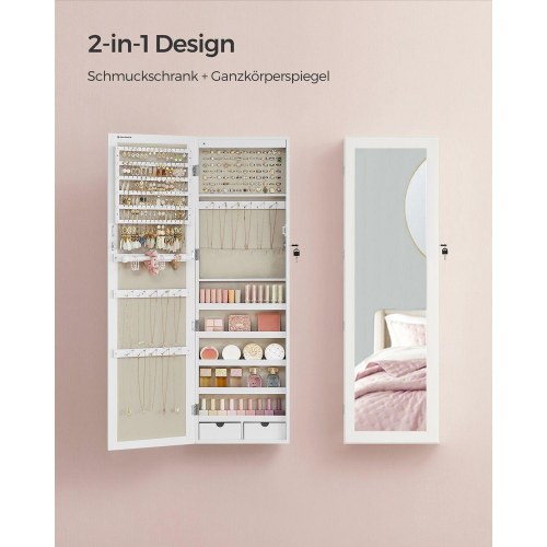 Smykkeskab med spejl – SONGMICS væg-/dørhængt, låsbart, hvid med træstruktur og beige for, JJC093W01
