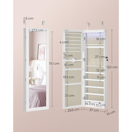 Smykkeskab med spejl – SONGMICS væg-/dørhængt, låsbart, hvid med træstruktur og beige for, JJC093W01