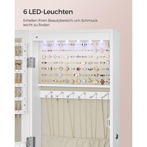 Smykkeskab med spejl – SONGMICS væg-/dørhængt, låsbart, hvid med træstruktur og beige for, JJC093W01