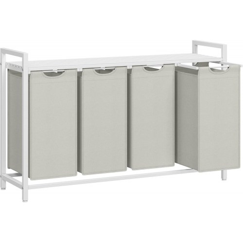 Vasketøjskurv med 4 rum udtrækkelige poser, hylde, metalstel, 4 × 40 l, 116 × 33 × 72 cm, hvid