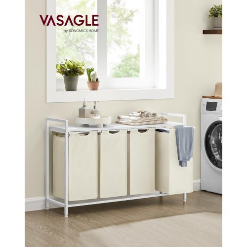 Vasketøjskurv med 4 rum udtrækkelige poser, hylde, metalstel, 4 × 40 l, 116 × 33 × 72 cm, hvid