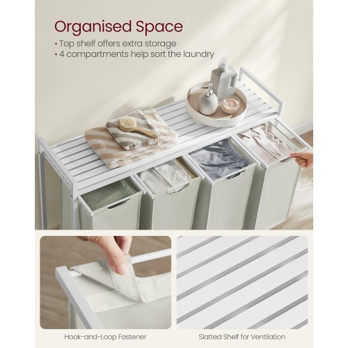 Vasketøjskurv med 4 rum udtrækkelige poser, hylde, metalstel, 4 × 40 l, 116 × 33 × 72 cm, hvid