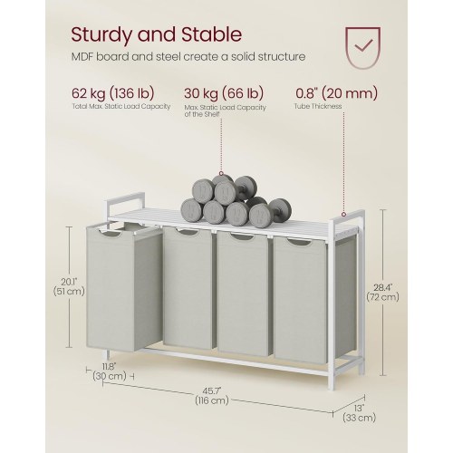 Vasketøjskurv med 4 rum udtrækkelige poser, hylde, metalstel, 4 × 40 l, 116 × 33 × 72 cm, hvid