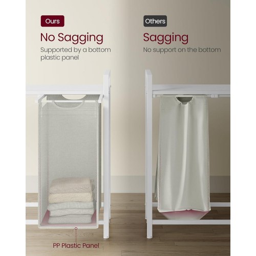 Vasketøjskurv med 4 rum udtrækkelige poser, hylde, metalstel, 4 × 40 l, 116 × 33 × 72 cm, hvid