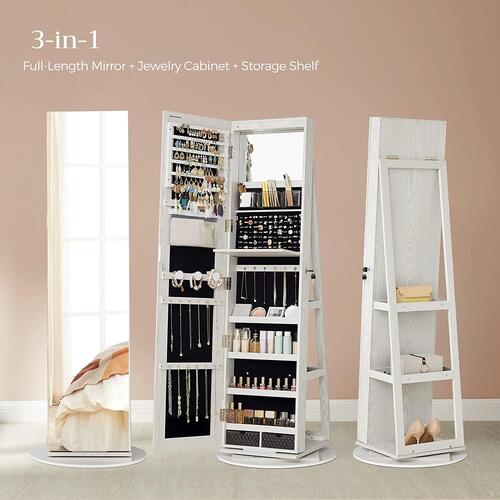 Smykkespejl med skab – SONGMICS Jewellery Cabinet JJC007W01, hvid træstruktur