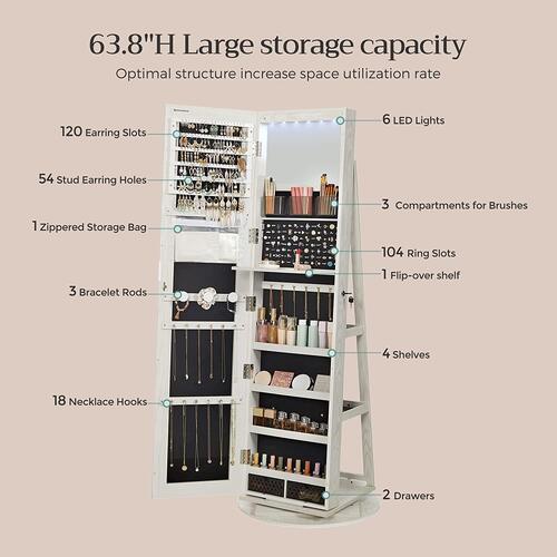 Smykkespejl med skab – SONGMICS Jewellery Cabinet JJC007W01, hvid træstruktur