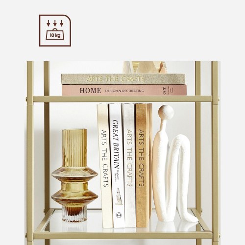Reol med glas 5‑etagers, slank stigereol i hærdet glas og stål, guld