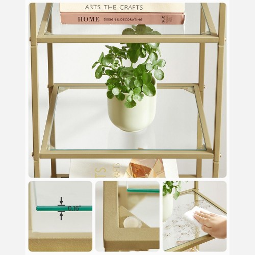 Reol med glas 5‑etagers, slank stigereol i hærdet glas og stål, guld