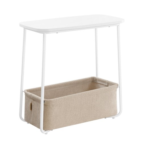 Sidebord med kurv lille rundt sofabord, mat hvid/camel