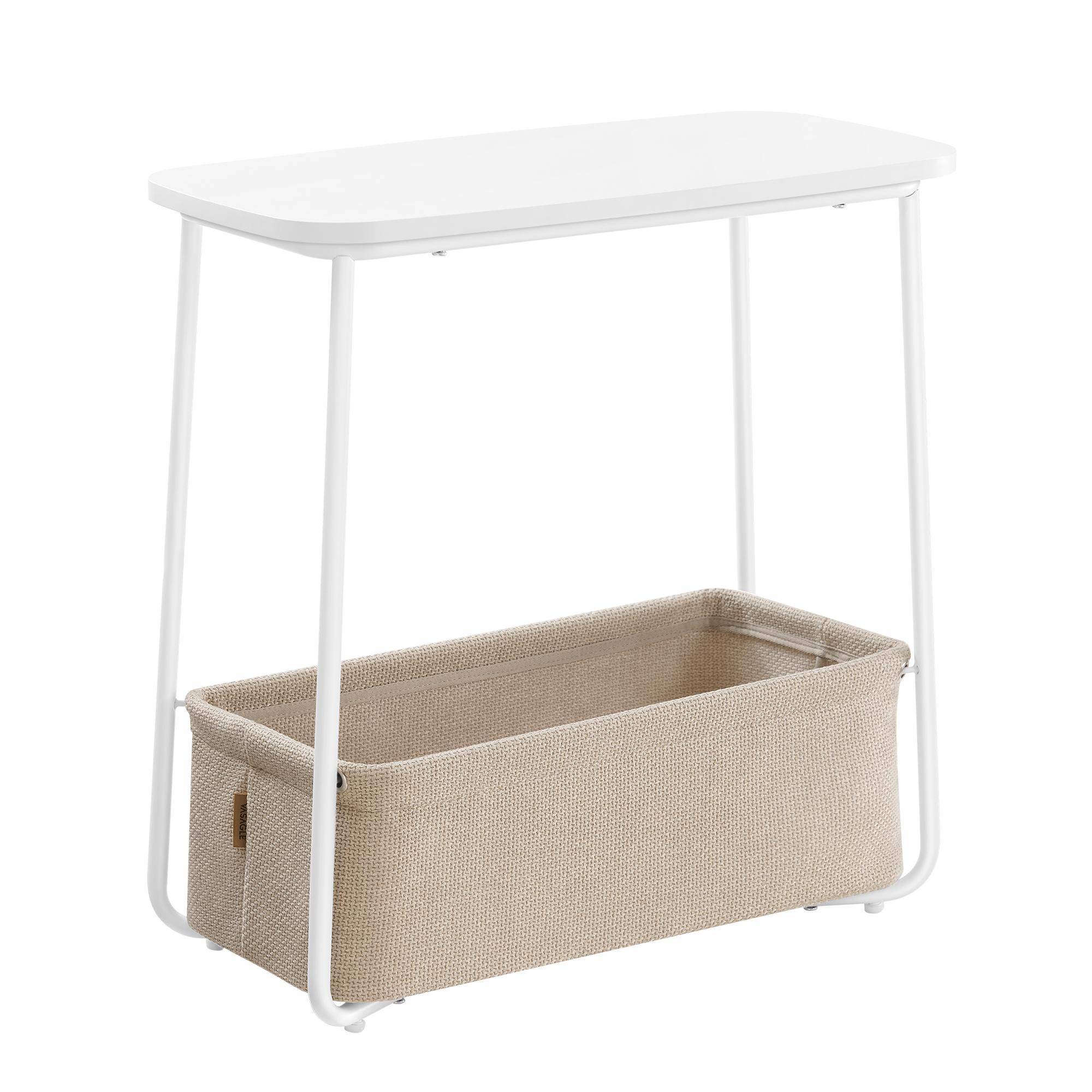 Sidebord med kurv lille rundt sofabord, mat hvid/camel