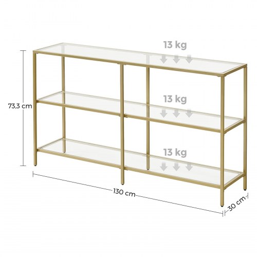 Konsolbord i glas med 3 hylder 130 × 30 × 73,3 cm, guldfarvet metal