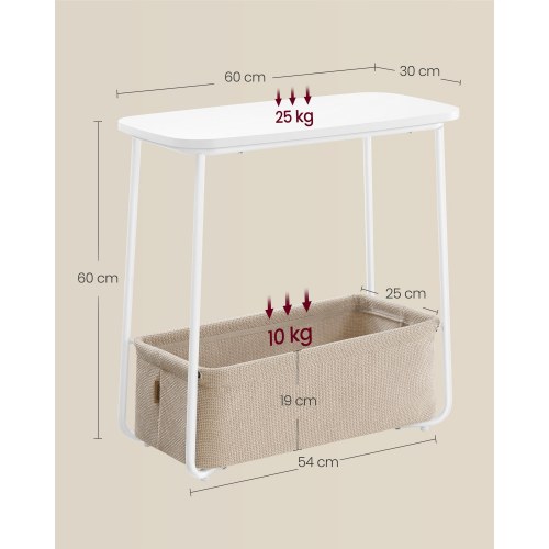 Sidebord med kurv lille rundt sofabord, mat hvid/camel