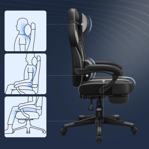 Kontorstol gaming med fodstøtte – SONGMICS, ergonomisk, sort/grå