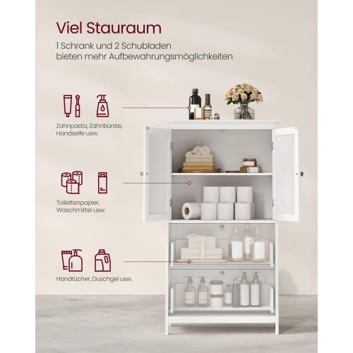 Badeværelsesskab på gulv fritstående skab med 2 skuffer og 2 døre, justerbar hylde, 30 × 60 × 110 cm, hvid