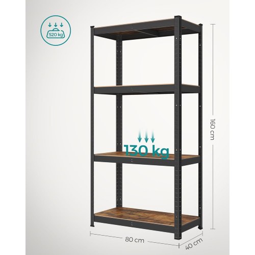 Reol med hylder 40 × 80 × 160 cm, 520 kg bæreevne, industrielt look, justerbare opbevaringshylder, rustik brun/sort (GLR044B11)