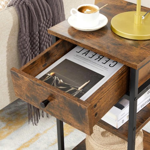 Sengebord højt natbord med skuffe og 2 hylder, industrielt, rustik brun/sort