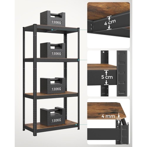 Reol med hylder 40 × 80 × 160 cm, 520 kg bæreevne, industrielt look, justerbare opbevaringshylder, rustik brun/sort (GLR044B11)