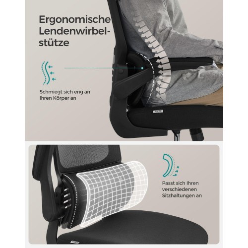 Kontorstol ergonomisk mesh med lændestøtte, justerbar nakkestøtte, vippefunktion, nedklappelige armlæn, høj ryg – Ink Black