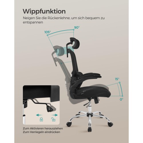 Kontorstol ergonomisk mesh med lændestøtte, justerbar nakkestøtte, vippefunktion, nedklappelige armlæn, høj ryg – Ink Black