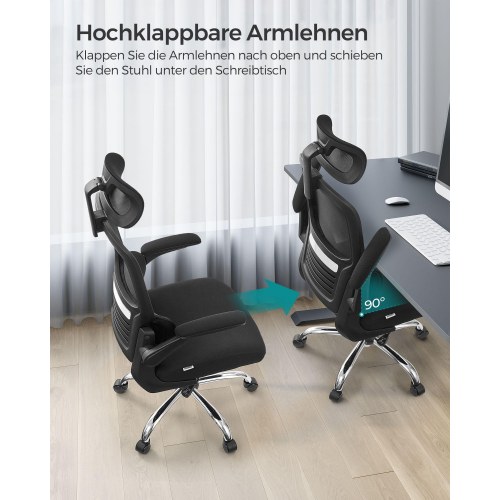 Kontorstol ergonomisk mesh med lændestøtte, justerbar nakkestøtte, vippefunktion, nedklappelige armlæn, høj ryg – Ink Black