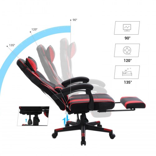 Gaming stol SONGMICS – racer kontorstol med fodstøtte, ergonomisk, vippefunktion, hoved- og lændestøtte, 150 kg, sort/rød