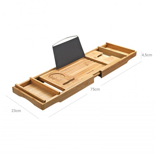 Badekarhylde bambus udtrækkelig BCB88Y, med kopholder, bogstøtte og sæbeskål, 75–109 × 23 × 4,5 cm, natur