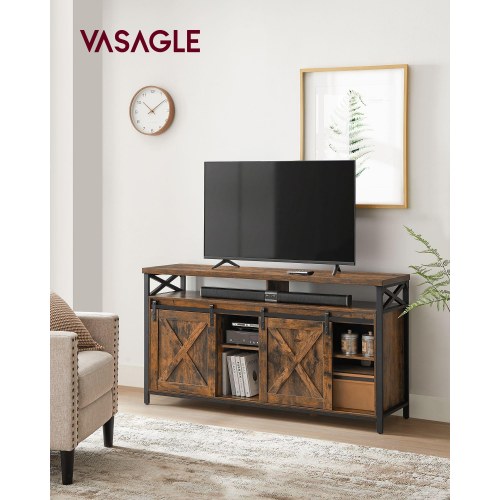 TV-bord til 65" justerbare hylder, skydelåger i lade-stil, industrielt design, metalstel, rustik brun/sort