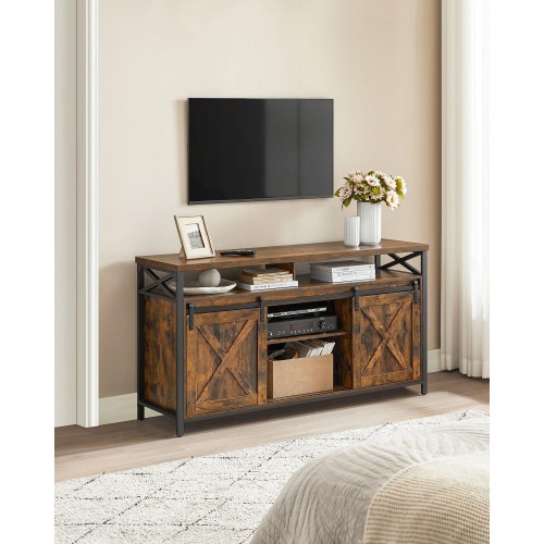 TV-bord til 65" justerbare hylder, skydelåger i lade-stil, industrielt design, metalstel, rustik brun/sort