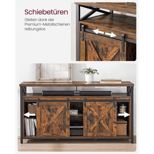 TV-bord til 65" justerbare hylder, skydelåger i lade-stil, industrielt design, metalstel, rustik brun/sort