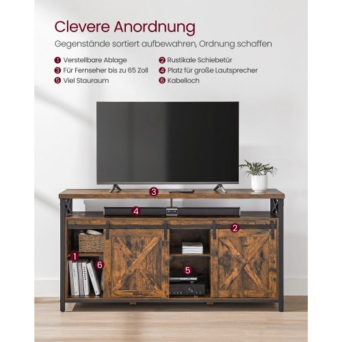 TV-bord til 65" justerbare hylder, skydelåger i lade-stil, industrielt design, metalstel, rustik brun/sort