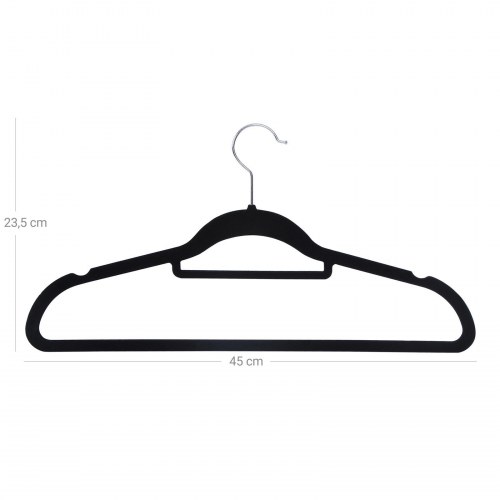 Bøjler i velour sæt med 20, skridsikre med slipsstang og 360° krog, pladsbesparende, 0,6 cm tykke, 43,5 cm, sort