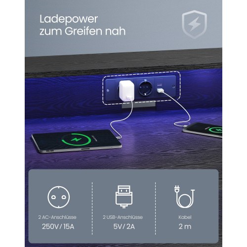 Skrivebord til gaming med LED og strømudtag, 120 × 60 cm, klassisk sort