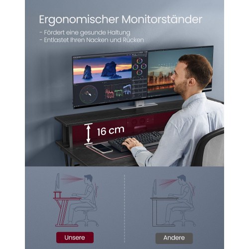 Skrivebord til gaming med LED og strømudtag, 120 × 60 cm, klassisk sort