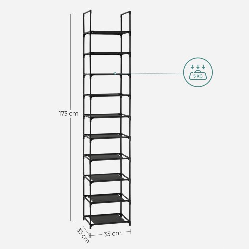 Skostativ 10 niveauer pladsbesparende, 33 × 33 × 173 cm, sort