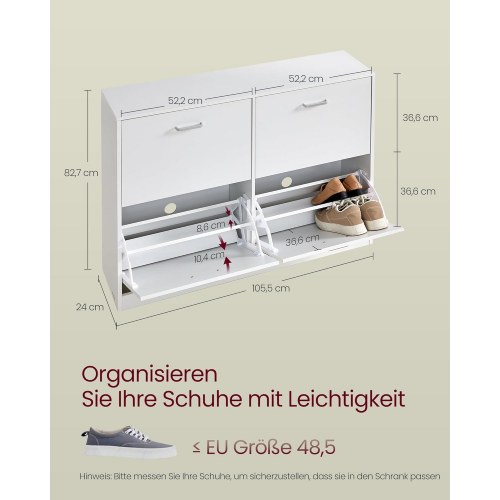 Skoskab med klaplåger 4 rum, 16–28 par, snehvid, 82,7 × 105,5 × 24 cm