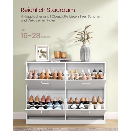 Skoskab med klaplåger 4 rum, 16–28 par, snehvid, 82,7 × 105,5 × 24 cm