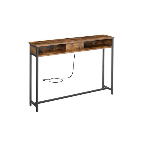 Konsolbord smalt – VASAGLE, med strømudtag, 25 × 120 × 81 cm, rustik brun/sort