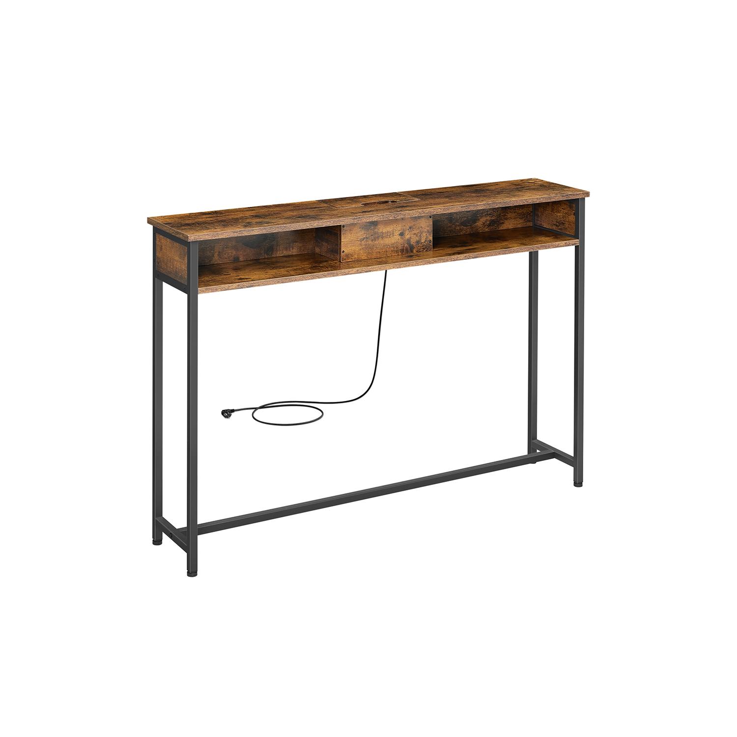 Konsolbord smalt – VASAGLE, med strømudtag, 25 × 120 × 81 cm, rustik brun/sort
