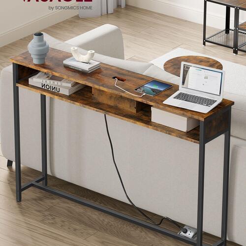 Konsolbord smalt – VASAGLE, med strømudtag, 25 × 120 × 81 cm, rustik brun/sort
