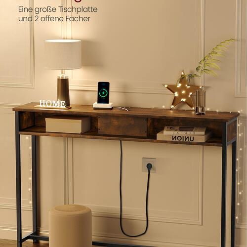 Konsolbord smalt – VASAGLE, med strømudtag, 25 × 120 × 81 cm, rustik brun/sort