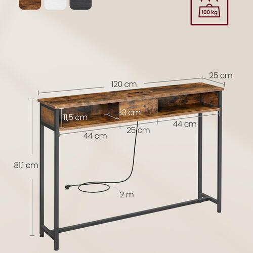 Konsolbord smalt – VASAGLE, med strømudtag, 25 × 120 × 81 cm, rustik brun/sort