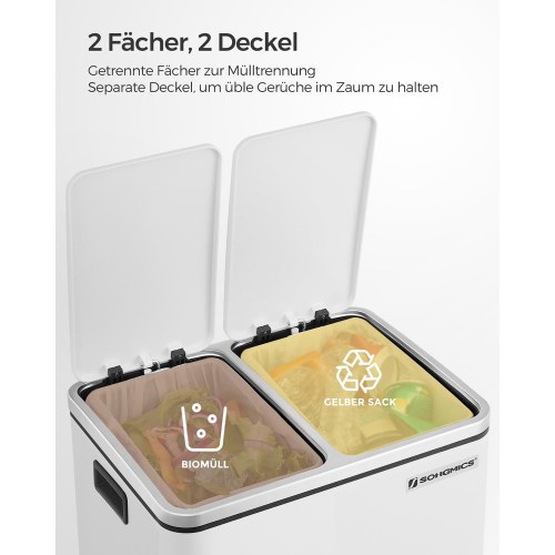 Skraldespand til køkken 2 x 15 l – SONGMICS, stålfodpedal, soft close, hvid