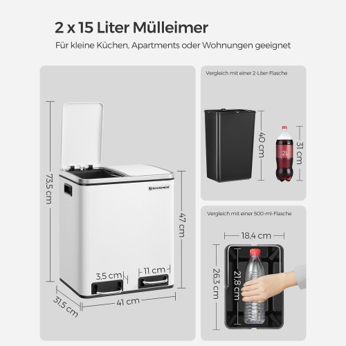 Skraldespand til køkken 2 x 15 l – SONGMICS, stålfodpedal, soft close, hvid