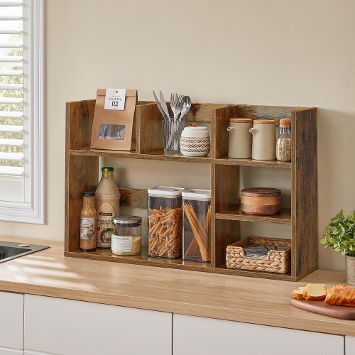 Skrivebordshylde træ reol med 6 rum, 3 niveauer, til computerbord, rustik brun