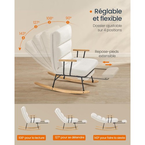 Gyngestol – SONGMICS HOME LYY016W01, justerbar ryglæn i 4 positioner, udtrækkelig fodstøtte, stålramme og gummitræslæbere, plys, 160 kg, cremehvid